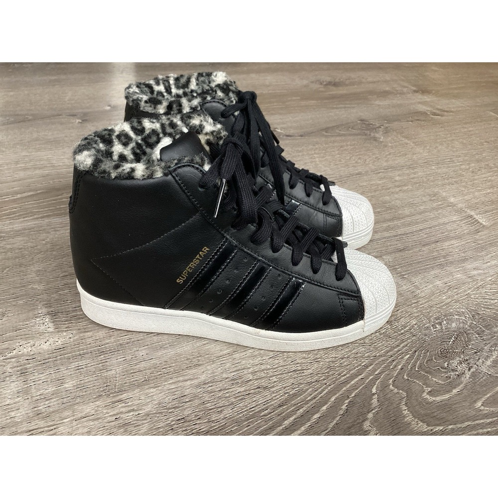 adidas Superstar Up Faux Leopard Fur Womens Size 6.5 Black Animal Hi Wedge Shoes